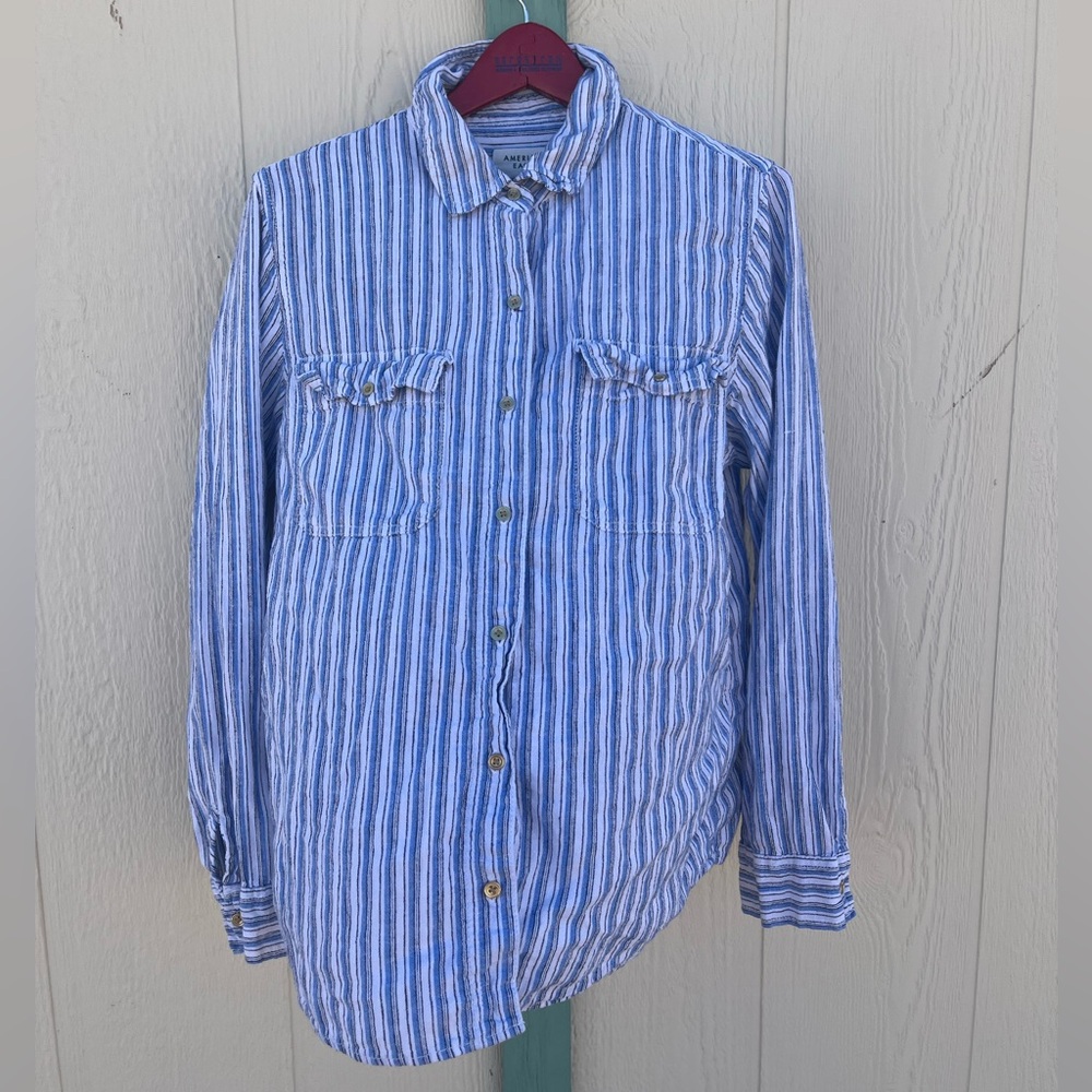 American Eagle Outfitters Oversized Fit Linen Blend Blue and White Striped Shirt